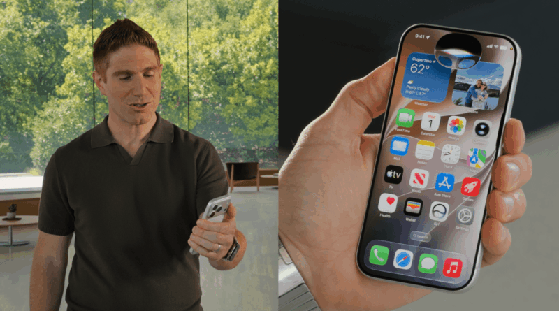 Split image: a man in a dark polo holding a smartphone on the left and a close-up of an iPhone with widgets on the right.