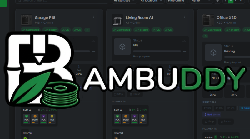 AMBUDDY logo superimposed over a dark three-panel dashboard showing 3D printer status UIs.
