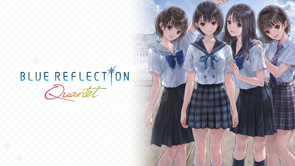 Group of four anime-schoolgirls in uniform posing together on a rooftop, with the title 'Blue Reflection Quartet' text on the left.