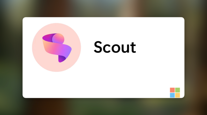 Brand splash screen for Scout: pink circle with gradient ribbon logo and the word Scout; small four-color grid in bottom-right.