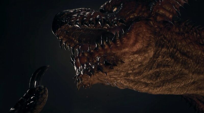 Close-up of a crocodile's open jaws with sharp teeth and rough brown scales against a dark background.