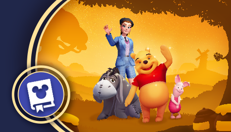 Cartoon girl with Winnie the Pooh, Piglet, and Eeyore in a sunny autumn forest; left Disney-themed badge visible.