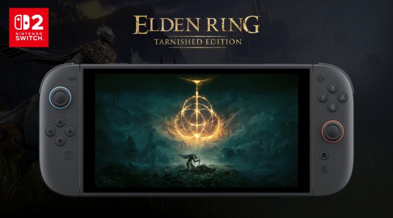 Promo banner showing a Nintendo Switch with Elden Ring Tarnished Edition branding; the Switch screen displays a glowing sigil over a dark fantasy landscape.