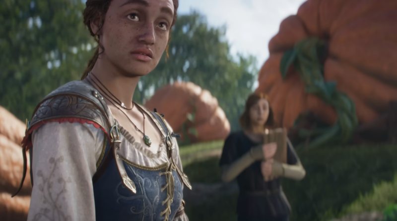Young woman in ornate armor looks toward the camera in a fantasy outdoor scene with oversized pumpkin sculptures behind.