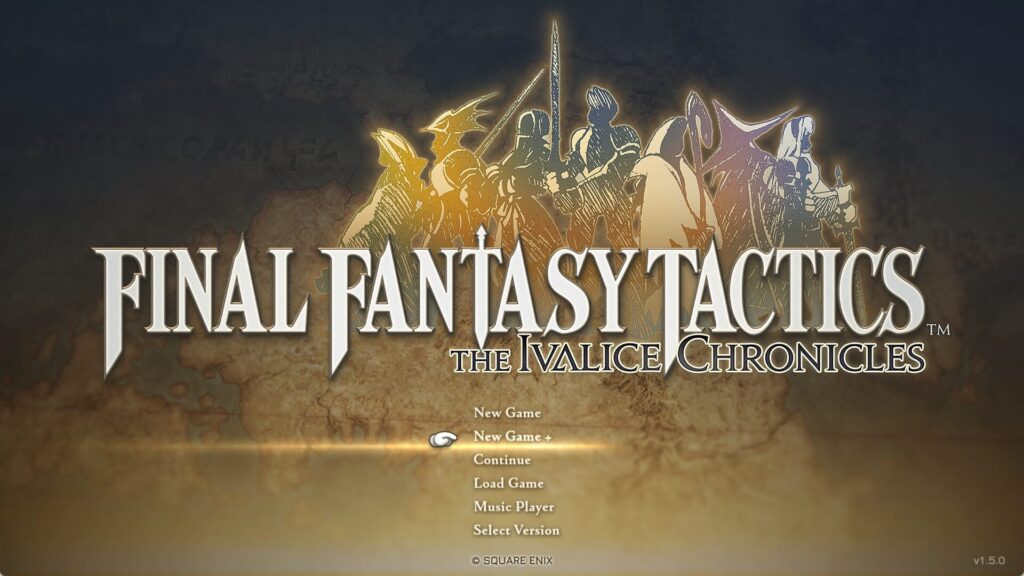 Final Fantasy Tactics: The Ivalice Chronicles title screen with armored silhouettes over a parchment map and a gold glow; menu options listed below (New Game, Continue, Load Game).