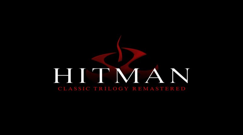 Hitman: Classic Trilogy Remastered logo on a black background, white title text with a red emblem above.