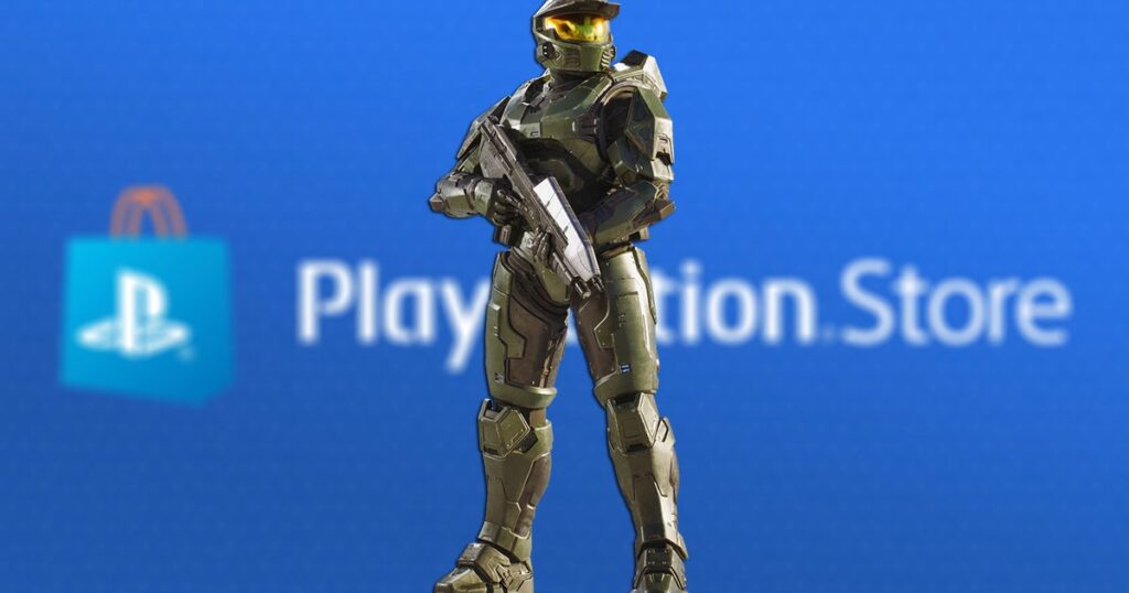 Green armored action figure stands with a rifle in front of a blurred blue PlayStation Store backdrop, centered and ready for action.