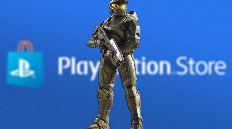 Green armored action figure stands with a rifle in front of a blurred blue PlayStation Store backdrop, centered and ready for action.