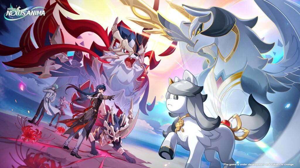 Epic battle scene with two towering dragon-like creatures clashing while human fighters stand ready in the foreground; vibrant, magical colors everywhere and a game logo in the upper left corner.