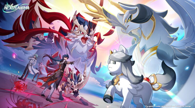Epic battle scene with two towering dragon-like creatures clashing while human fighters stand ready in the foreground; vibrant, magical colors everywhere and a game logo in the upper left corner.