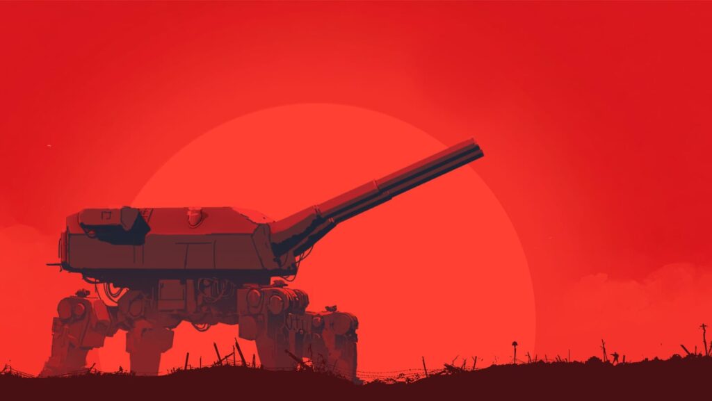 Massive armored artillery walker with a long cannon on a desolate battlefield at sunset in crimson hues.