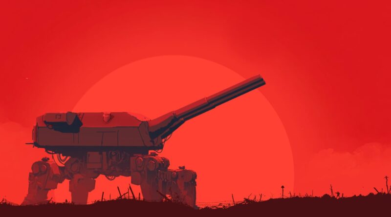 Massive armored artillery walker with a long cannon on a desolate battlefield at sunset in crimson hues.