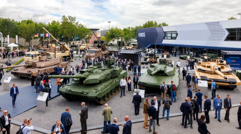 Military exhibition with several tanks and armored vehicles on display, crowds of professionals walking around and conversing near a blue KNDS building.