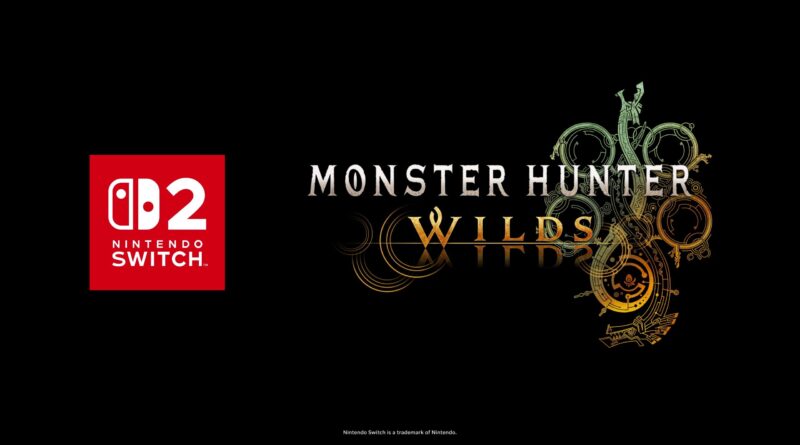 Nintendo Switch logo on red square to the left, with the Monster Hunter World title in gold ornate design on a black background.