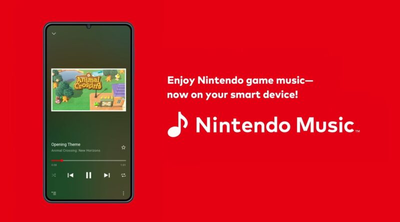 Promo banner: red background with a smartphone showing Animal Crossing music, announcing Nintendo Music on your device.