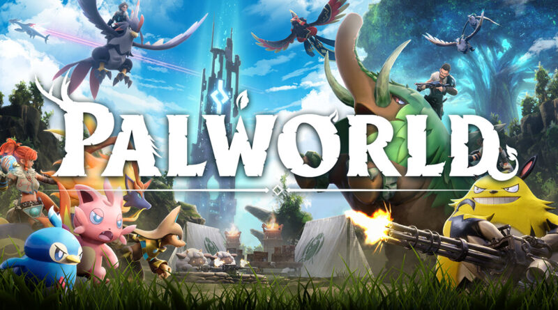 Wide fantasy battle scene from Palworld with human fighters, mythical creatures, and a large Palworld logo across the center.