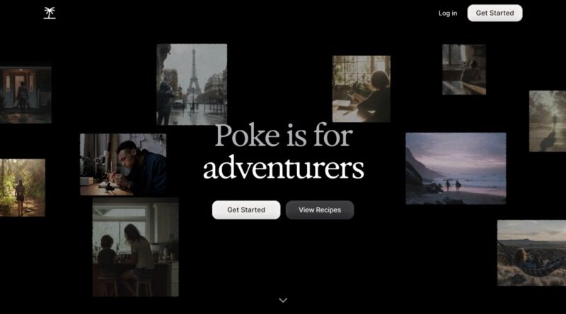 Hero banner with the headline 'Poke is for adventurers' and two rounded buttons, surrounded by a collage of travel photos on a black background.