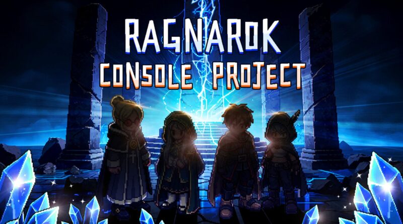 Four silhouetted pixel-art characters stand before a glowing blue portal and shattered pillars, with the title 'RAGNAROK CONSOLE PROJECT' above them.