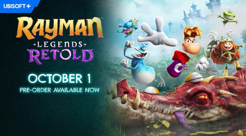 Rayman Legends promo banner with Ubisoft+ logo, showing colorful characters leaping from a dragon in a fantasy landscape; preorder October 1