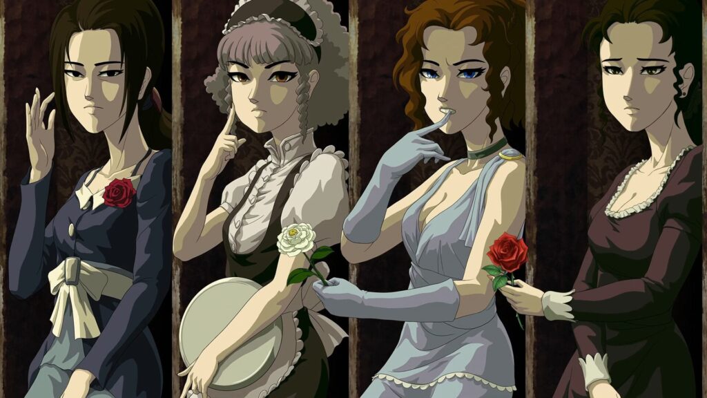 Four women in vintage dresses stand side by side against a dark, patterned background, each holding or presenting a rose (one with a white rose, others red).