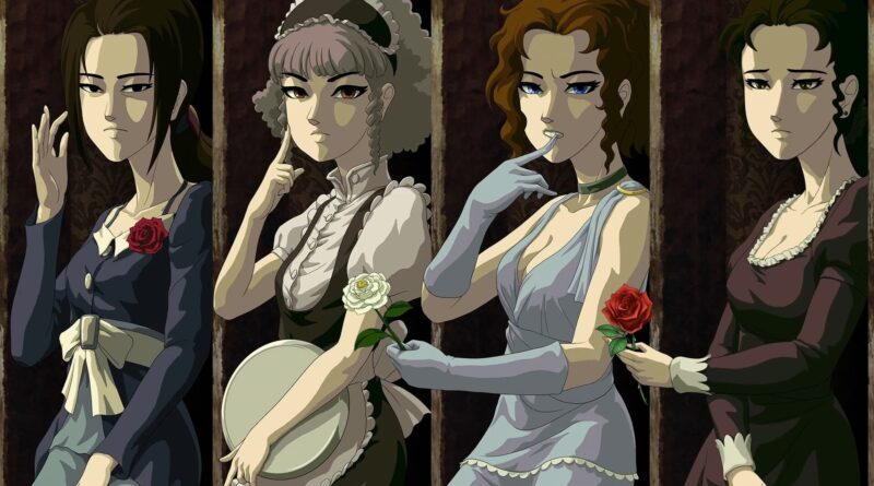 Four women in vintage dresses stand side by side against a dark, patterned background, each holding or presenting a rose (one with a white rose, others red).
