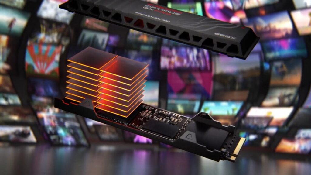 Mounted NVMe SSD with a stacked orange heatsink module, showing a high-performance storage drive with a cooling stack in a dark tech backdrop