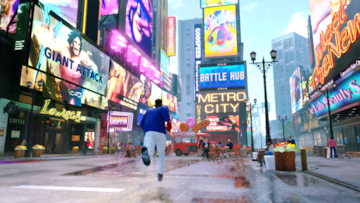 Person in a blue jacket runs down a neon-lit, rain-wet city street filled with large billboards and storefronts.