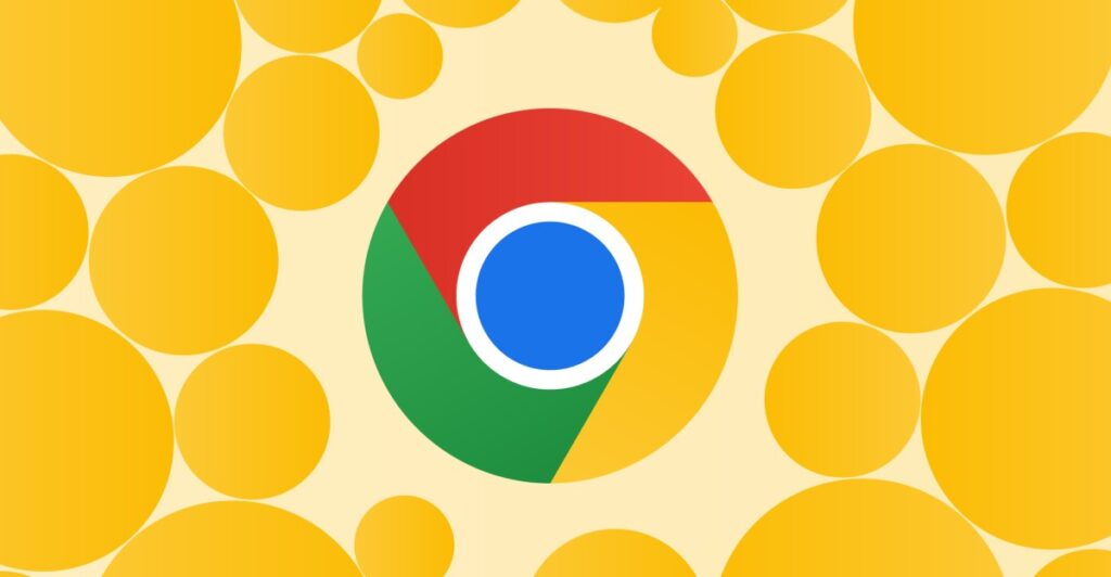 Google Chrome logo centered on a pale yellow background with overlapping yellow circles pattern behind it.