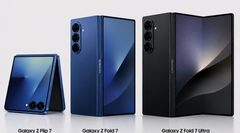Samsung Galaxy Z Flip 7 (blue) and Galaxy Z Fold 7 and Z Fold 7 Ultra displayed upright on a white background, showcasing colors and triple cameras.