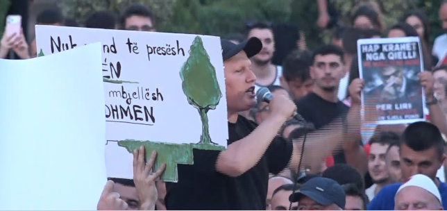 Protester speaking into a microphone at a crowded rally, holding a sign with a drawn tree on it.