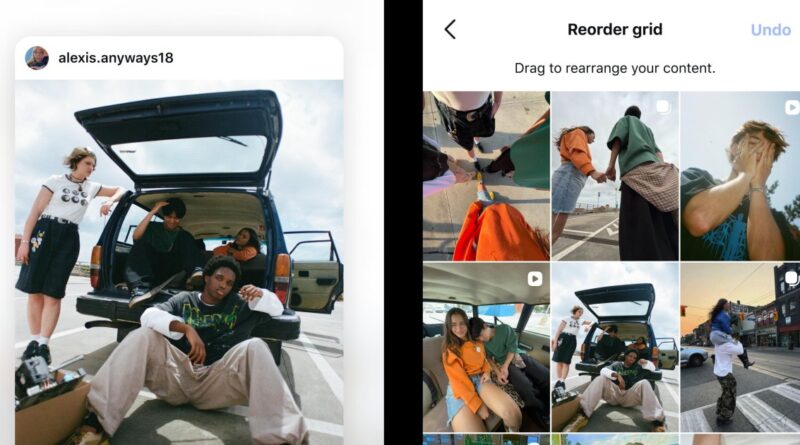 Left: group of friends posing at the back of a parked SUV with the trunk open, sunny day outdoors (Instagram post by alexis.anyways18). Right: mobile editing screen showing a 3x3 grid collage being reordered with header “Reorder grid” and instruction “Drag to rearrange your content.”