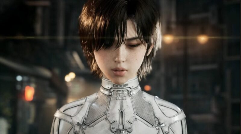 Young person with short dark hair wearing sleek silver futuristic armor, looking downward in a dim sci-fi setting.