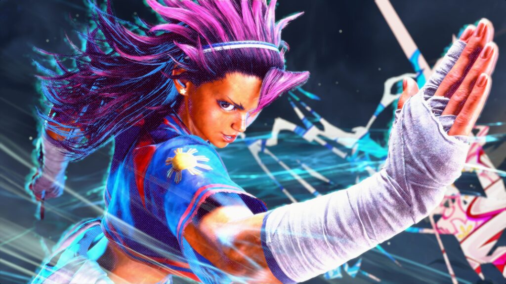 Dynamic action shot of a neon-colored fighter with pink-purple hair, mid-punch amid energy streaks and motion blur.