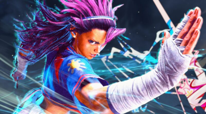 Dynamic action shot of a neon-colored fighter with pink-purple hair, mid-punch amid energy streaks and motion blur.