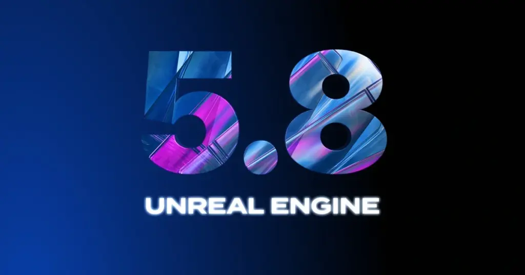 Unreal Engine logo showing the version 5.8 on a blue-to-black gradient background.