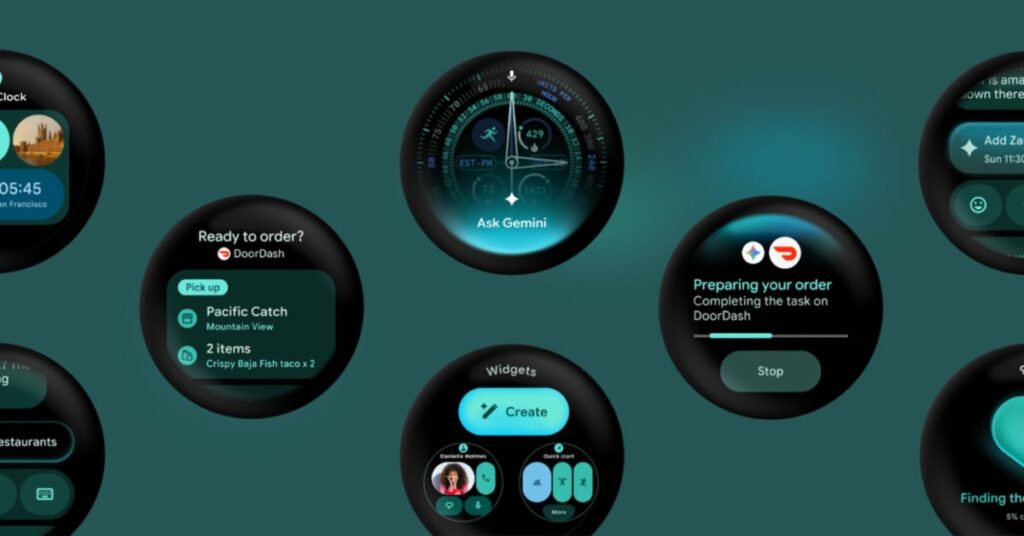 Circular smartwatch screens showcasing app widgets on a teal background, highlighting various on-device features.