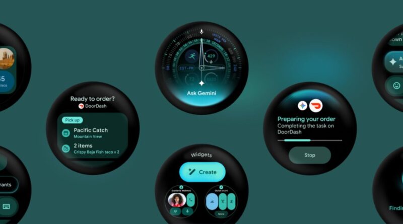 Circular smartwatch screens showcasing app widgets on a teal background, highlighting various on-device features.
