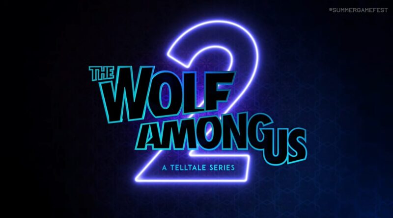 Neon-lit cover art for The Wolf Among Us 2 with bold cyan title and a neon 2 on a dark background.