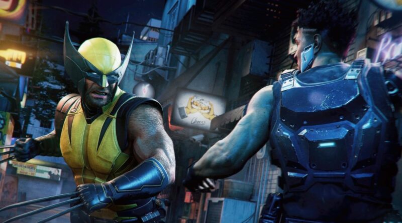 Wolverine in a yellow suit with extended claws clashes with a blue-armored fighter in a neon-lit city street at night.
