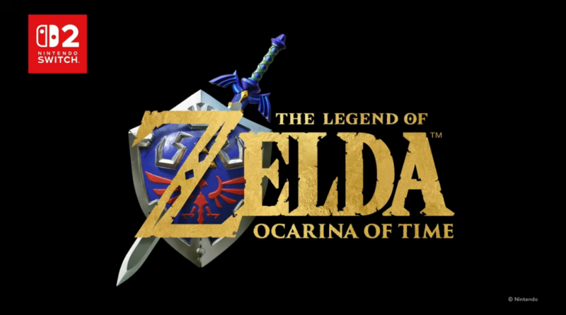 Logo for The Legend of Zelda: Ocarina of Time on a black background, with sword and shield motif and a Nintendo Switch badge in the corner.
