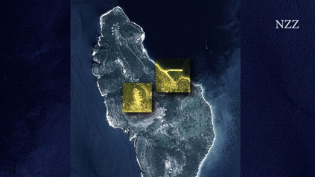 Blue-toned stylized map of South America with two overlapping gold squares over its central region; 'NZZ' watermark on the right side.