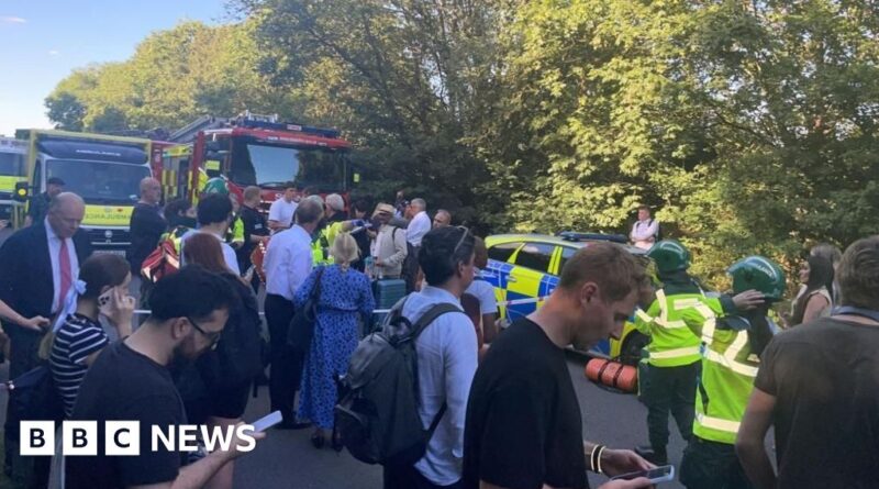 Crowd gathers on a street with emergency vehicles, police cars, and firefighters; BBC News watermark in the corner.