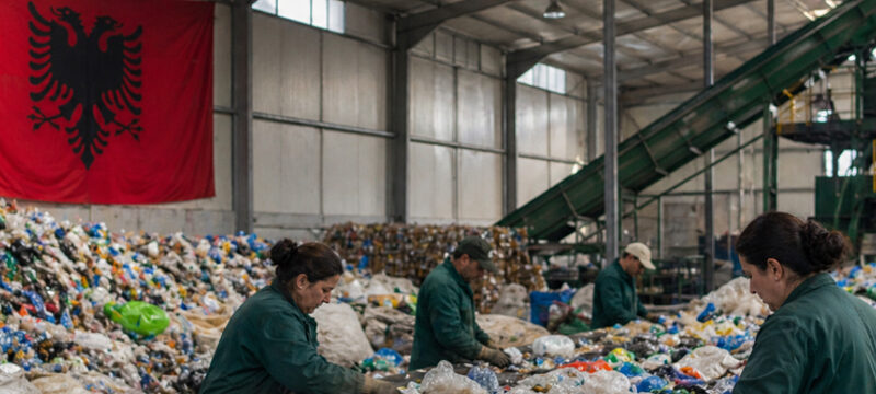 Albanian flag hanging in a plastic recycling plant where workers sort bags and bottles on a conveyor.