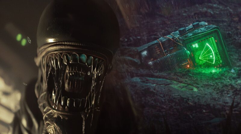 Terrifying alien with a double jaw beside a glowing green radar/console on a rocky surface in a dark scene.