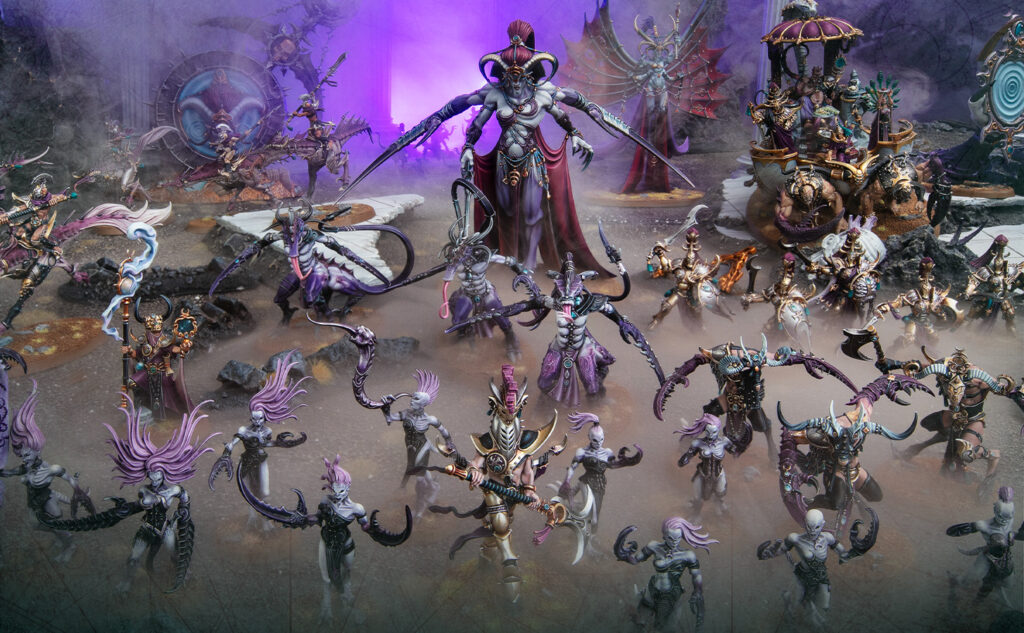 Central towering demon commands a horde of purple-skinned warriors in a smoky, rocky battlefield with glowing purple light in the background.