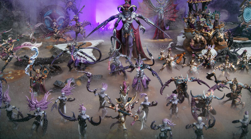 Central towering demon commands a horde of purple-skinned warriors in a smoky, rocky battlefield with glowing purple light in the background.