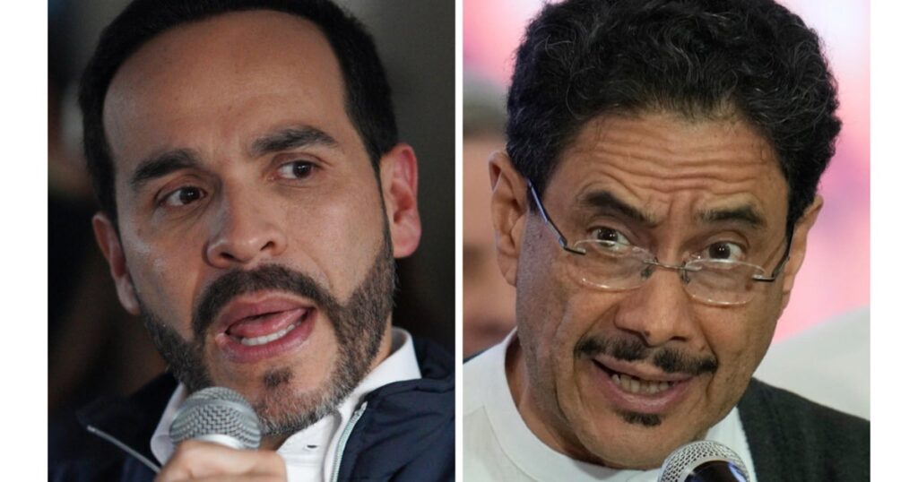 Two men in close-up, each speaking into a handheld microphone in a split-screen photo.