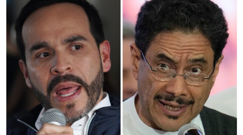 Two men in close-up, each speaking into a handheld microphone in a split-screen photo.