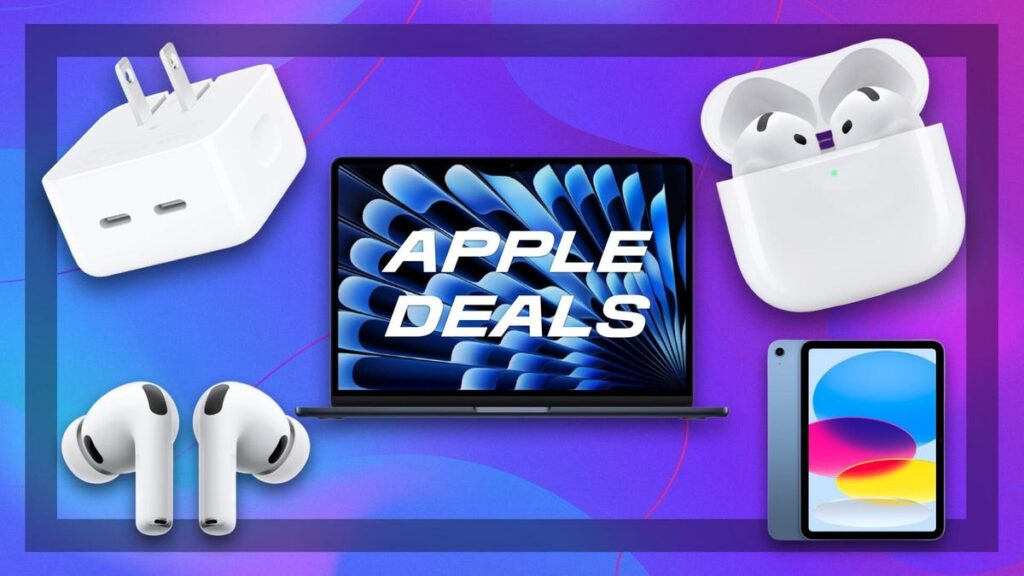 Laptop displaying 'APPLE DEALS' with AirPods, a charger, wireless earbuds, and a smartphone arranged on a purple gradient background.