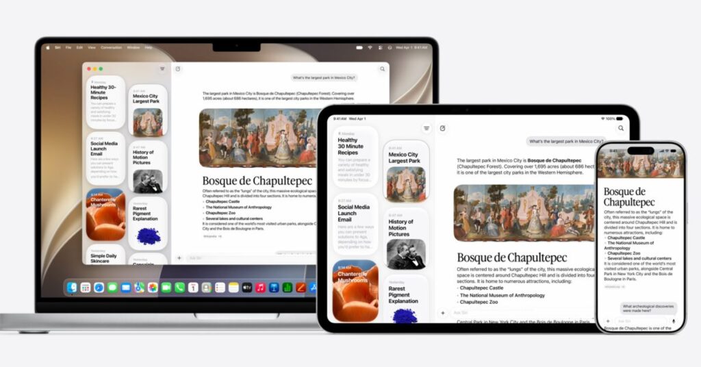 MacBook, iPad, and iPhone show a document titled 'Bosque de Chapultepec' with side panels and floating info cards on a light background as a promo image.